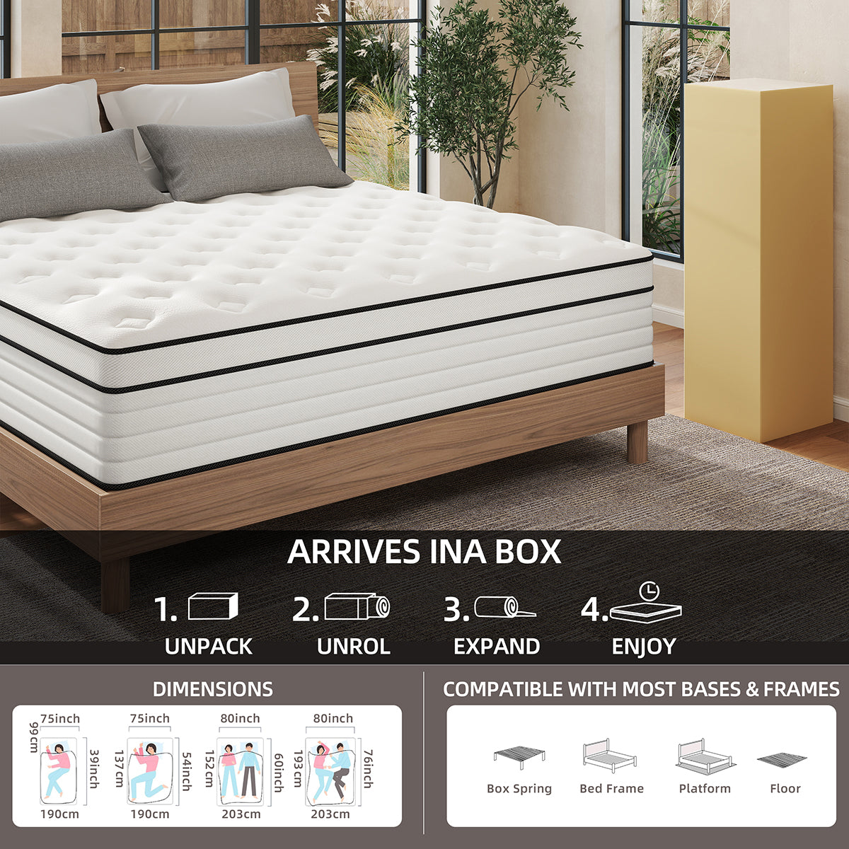 CHEVNI 12/14 INCH HYBRID SPRING MEMORY FOAM WHITE MATTTRESS IN A BOX TWIN FULL QUEEN KING SIZE
