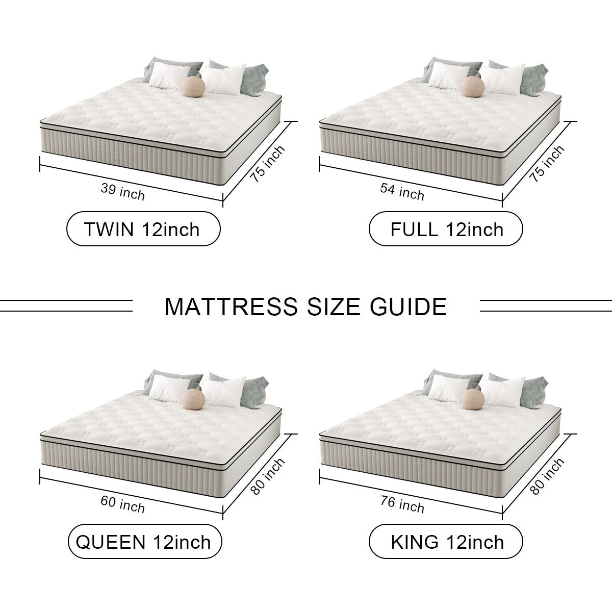 12 INCH WHITE MATTTRESS IN A BOX HYBRID SPRING MEMORY FOAM TWIN FULL QUEEN KING SIZE